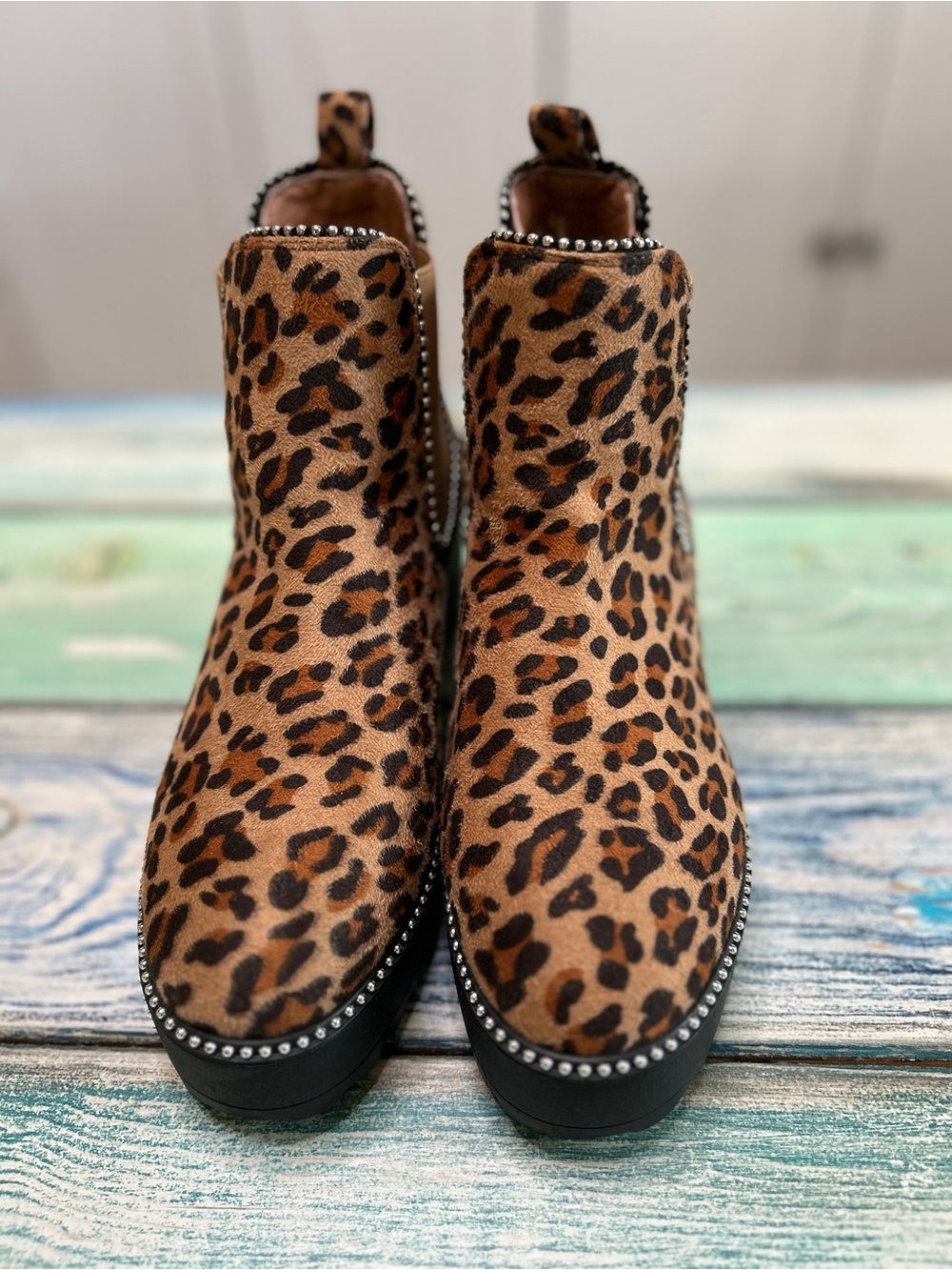 Tinstree Leopard Platform Chelsea Ankle Boots | Rhinestone Trim | NWOT - Picture 6 of 8